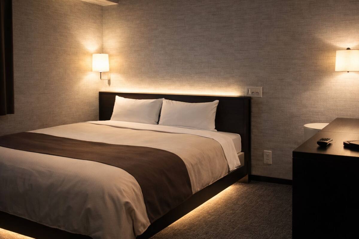 Een moderne hotelkamer met een groot bed, nachtlampjes en een nachtkastje.