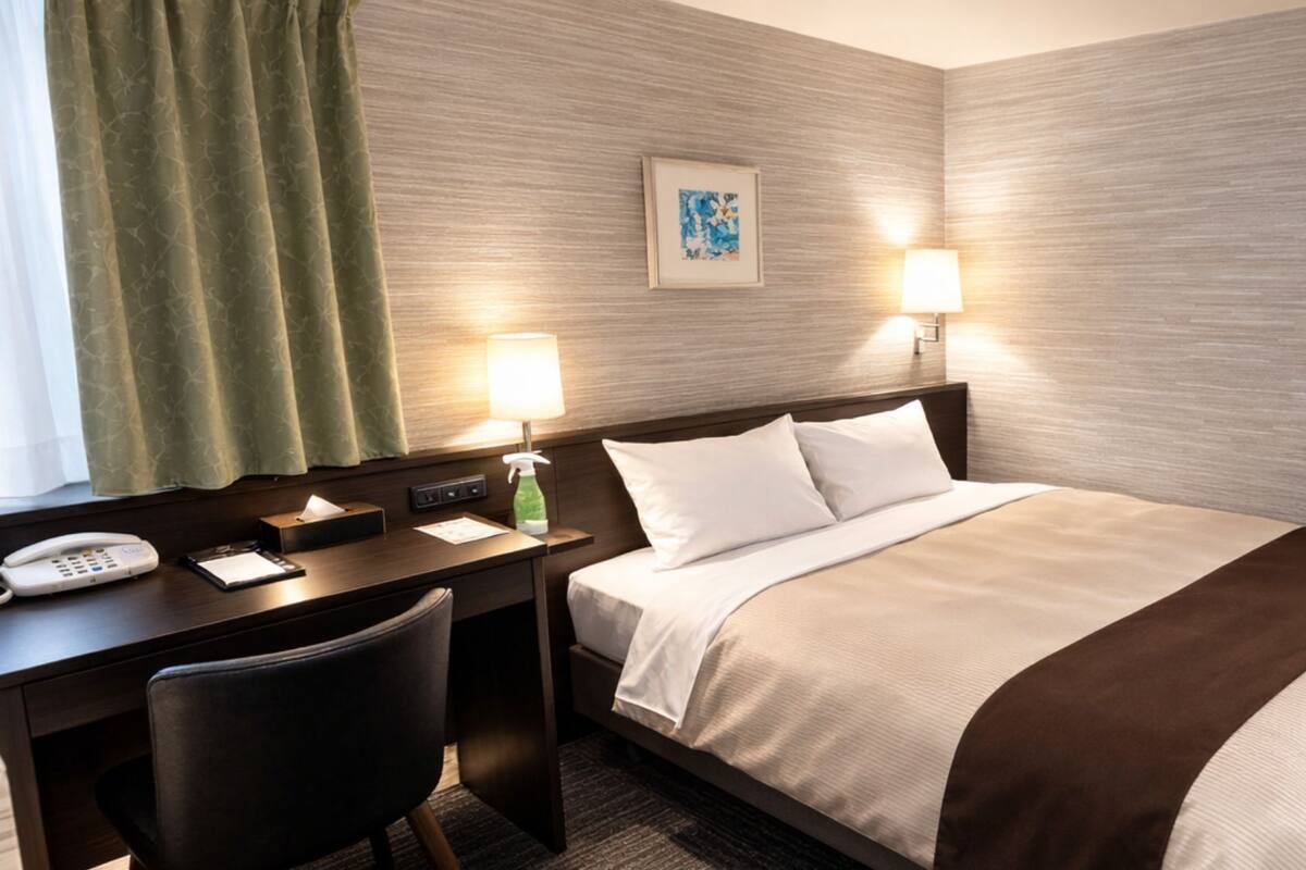Een hotelkamer met een bed, bureau, stoel en een schilderij aan de muur.