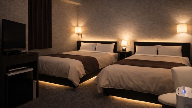 Une chambre d’hôtel avec deux lits, une télévision et un bureau avec une lampe.
