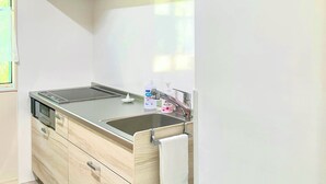 A modern kitchen with a built-in stove, a sink, and a countertop. - Sparky's House / House II (Naoshima)