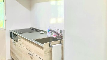 Mini-fridge, microwave, stovetop