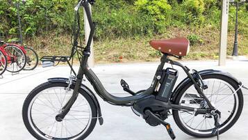 Ein feststehendes E-Bike mit braunem Sattel, schwarzem Rahmen und Akku am Hinterrad.