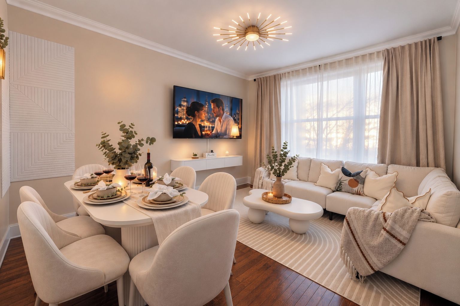 Un salon moderne comprenant un coin repas, un ensemble de canapés et un téléviseur fixé au mur.