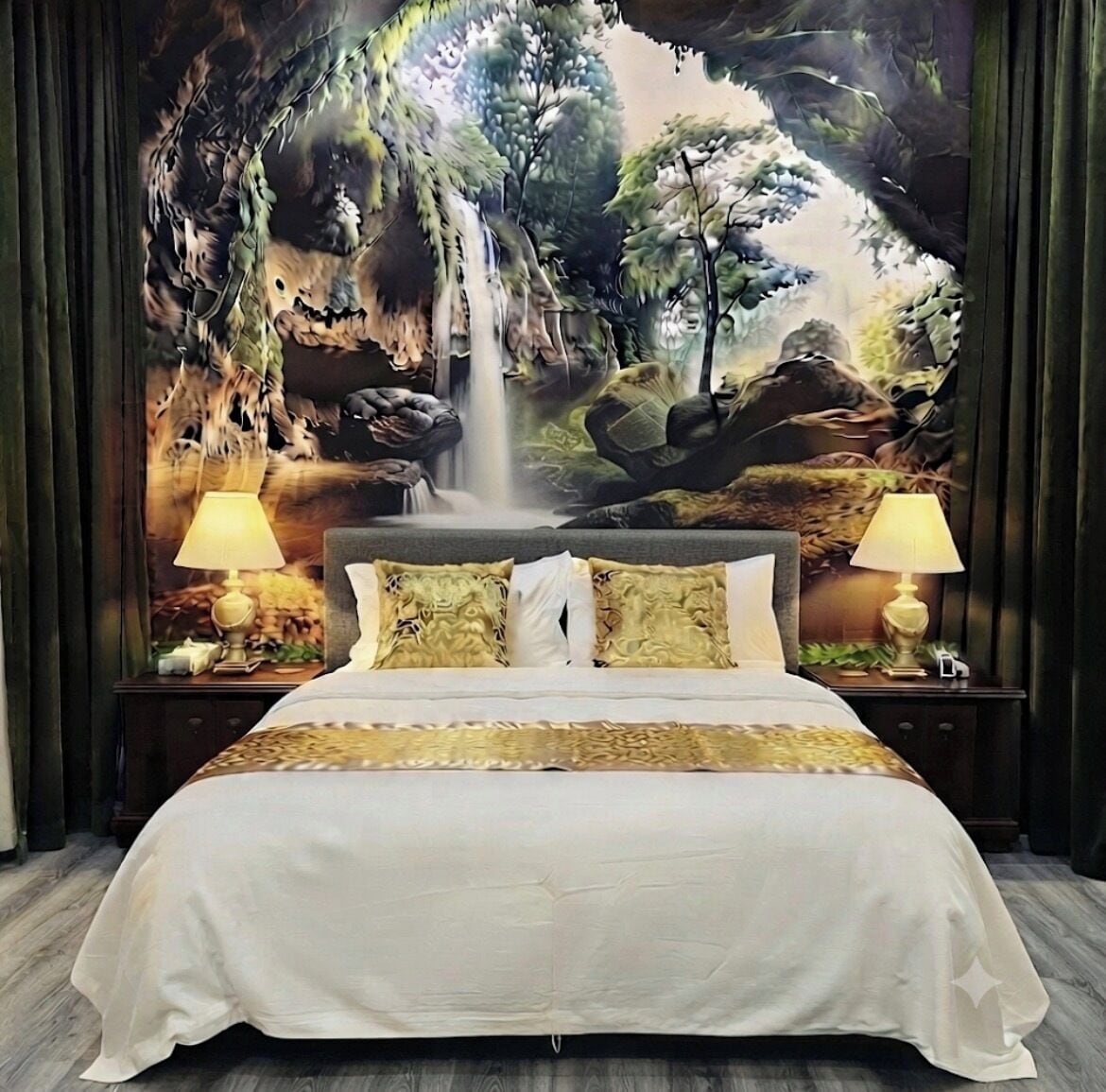 A bedroom with a bed, two bedside tables with lamps, and a mural of a waterfall and forest on the wall.