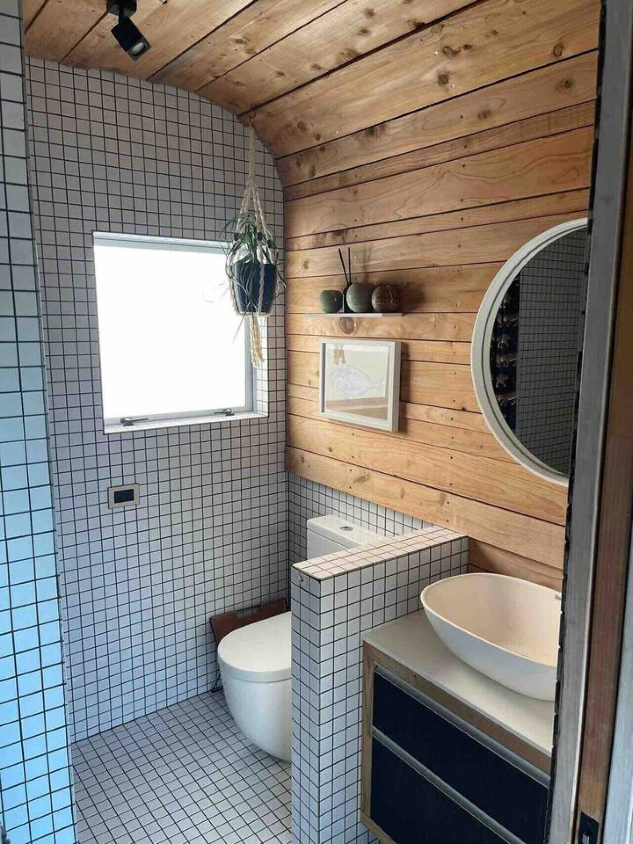 A bathroom with a wooden ceiling, a window with a plant, a toilet, a sink, and a mirror.