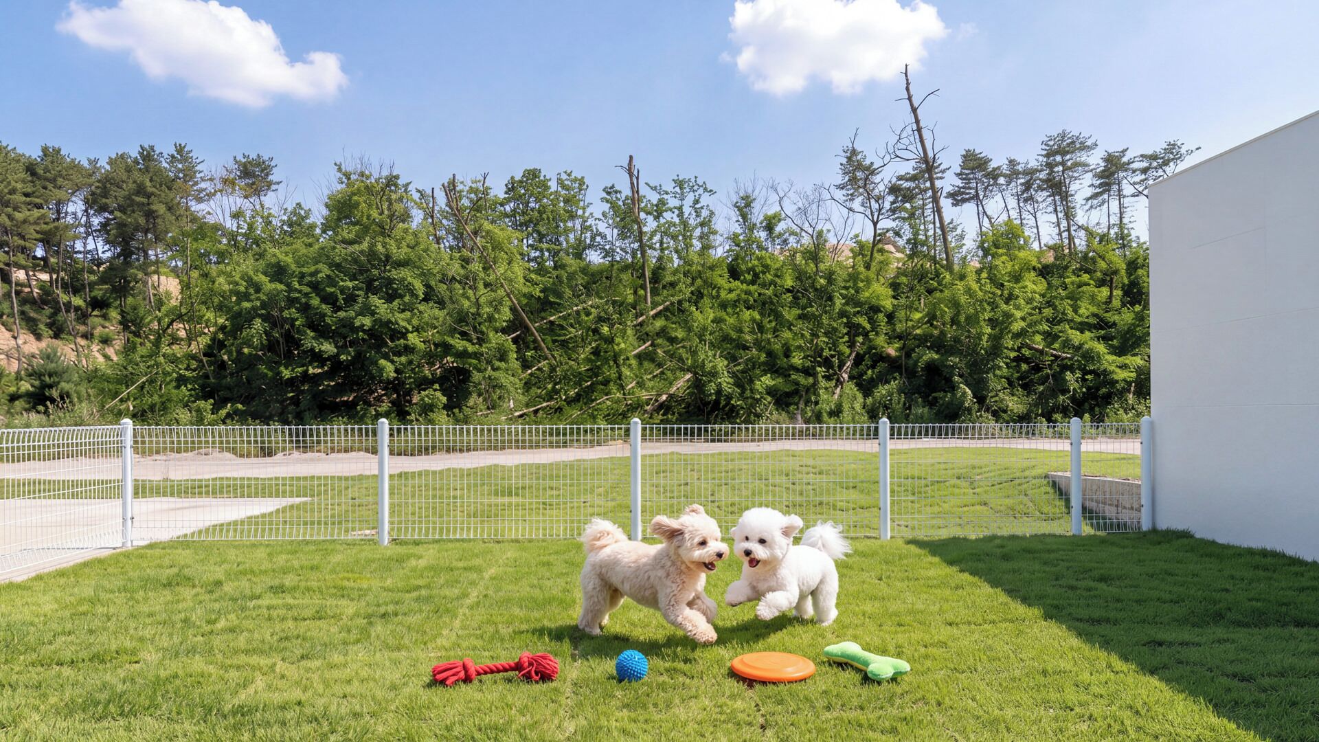 Un patio cercado con dos perros pequeños blancos jugando.