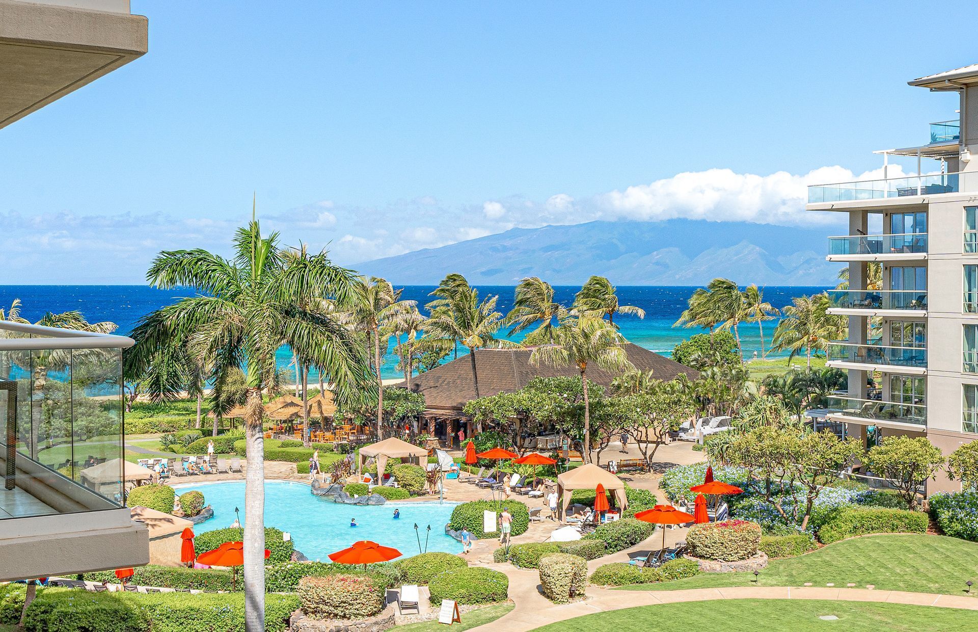 A resort with a pool, palm trees, and a view of the ocean.