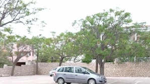 Un estacionamiento con un automóvil, árboles y un muro de piedra.