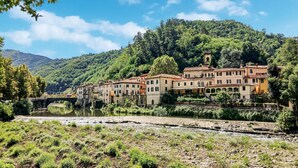 Un pueblo a orillas del río con edificios tradicionales, un puente y abundante vegetación.