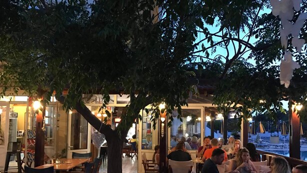 An outdoor dining area with tables and chairs, surrounded by trees and string lights. - Chrysanthi Studios Apartments Pefkos (Rhodes)