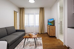 A modern living room with a grey sofa, a wooden coffee table with a tray of muffins, a television on a wooden cabinet, and a view of a mountain landscape through sheer curtains. - 1 BR City Apartment Adialuxe S5, Rijeka, Croatia (Rijeka)