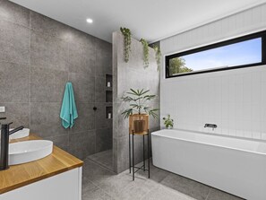 Shower, hair dryer, towels, toilet paper