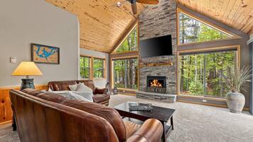 Smart TV, fireplace, books, stereo