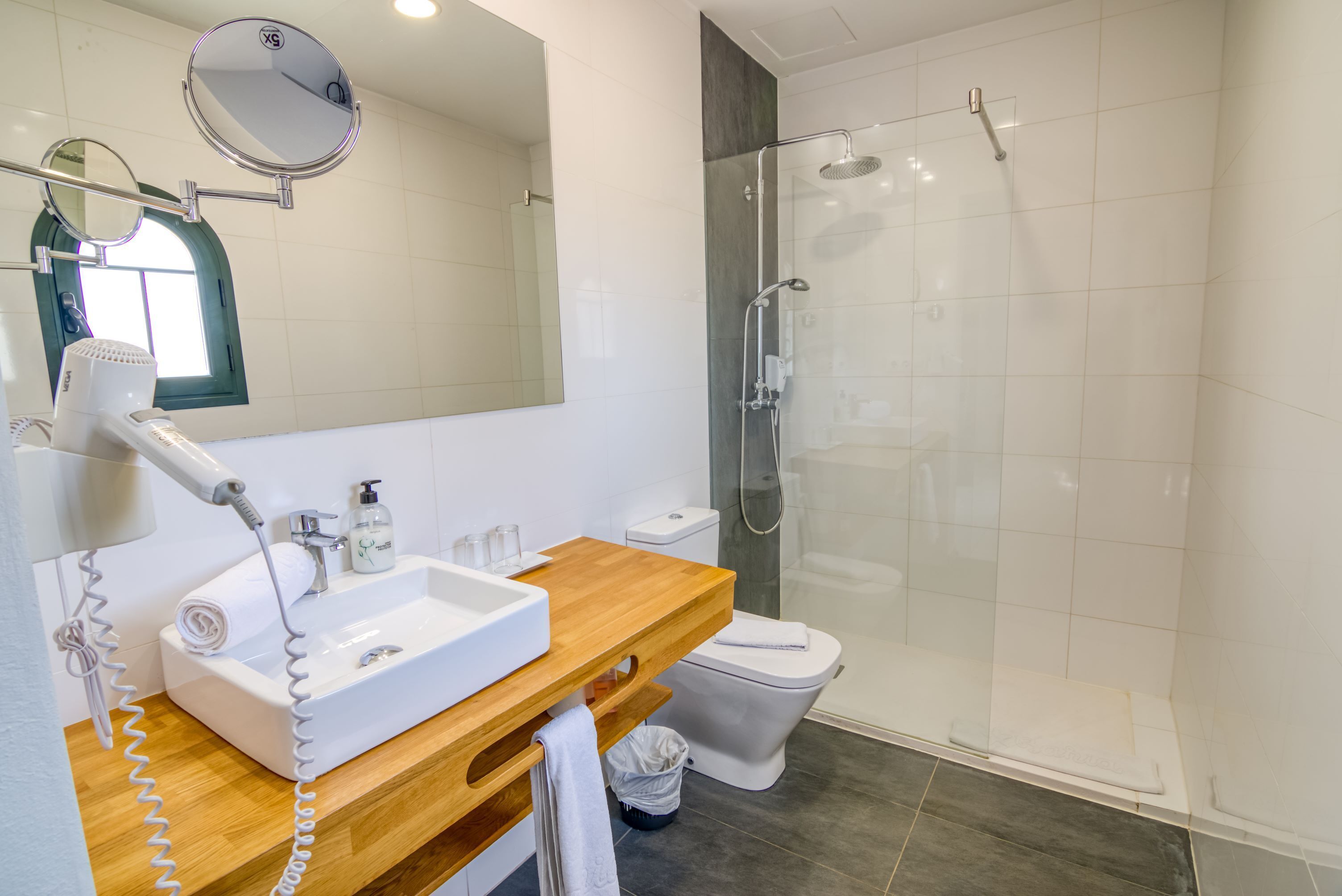 Une salle de bain moderne avec un meuble-lavabo en bois, un lavabo blanc, un miroir, un sèche-cheveux, des toilettes et une douche à parois de verre.