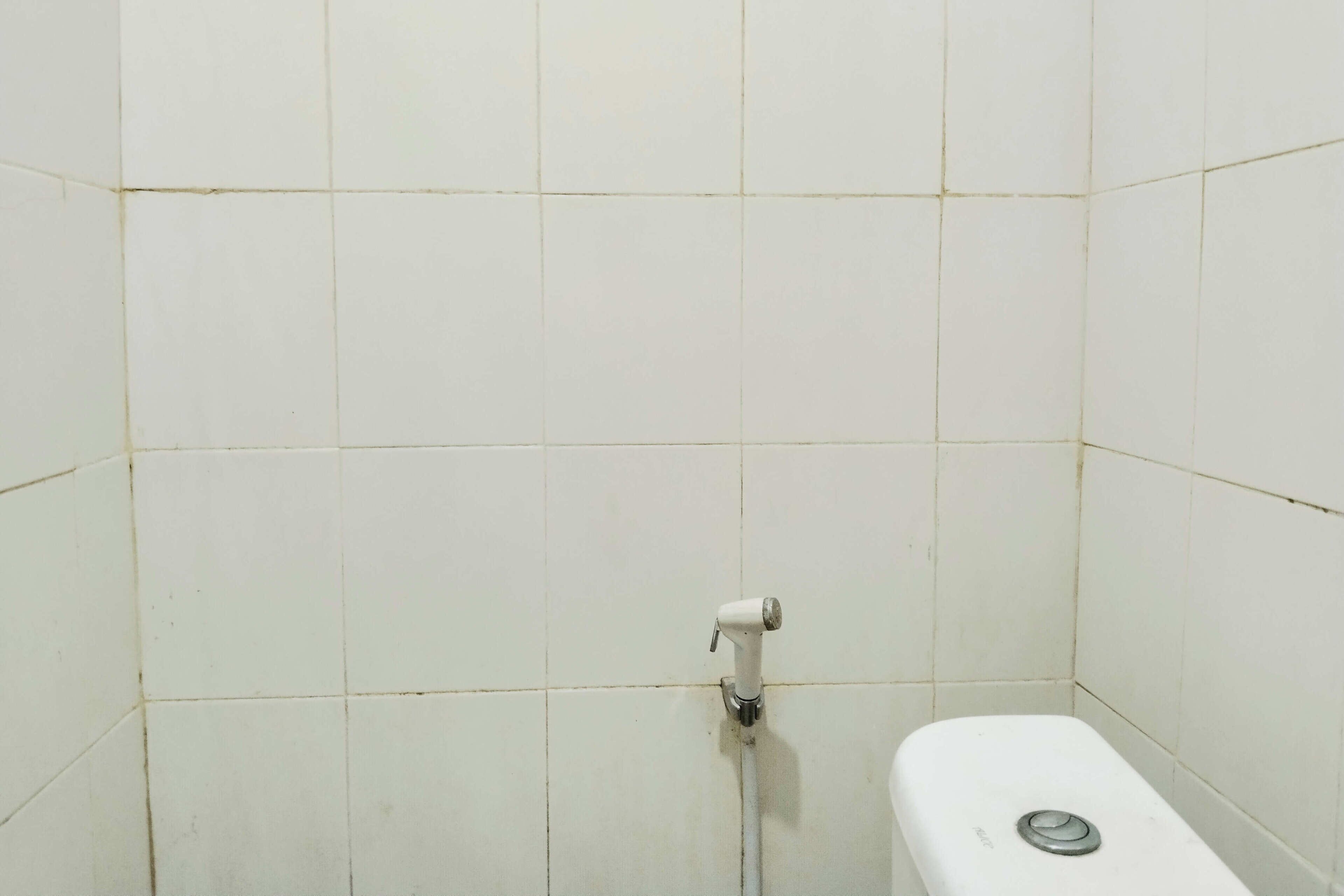 A small, white-tiled bathroom with a toilet and a showerhead.