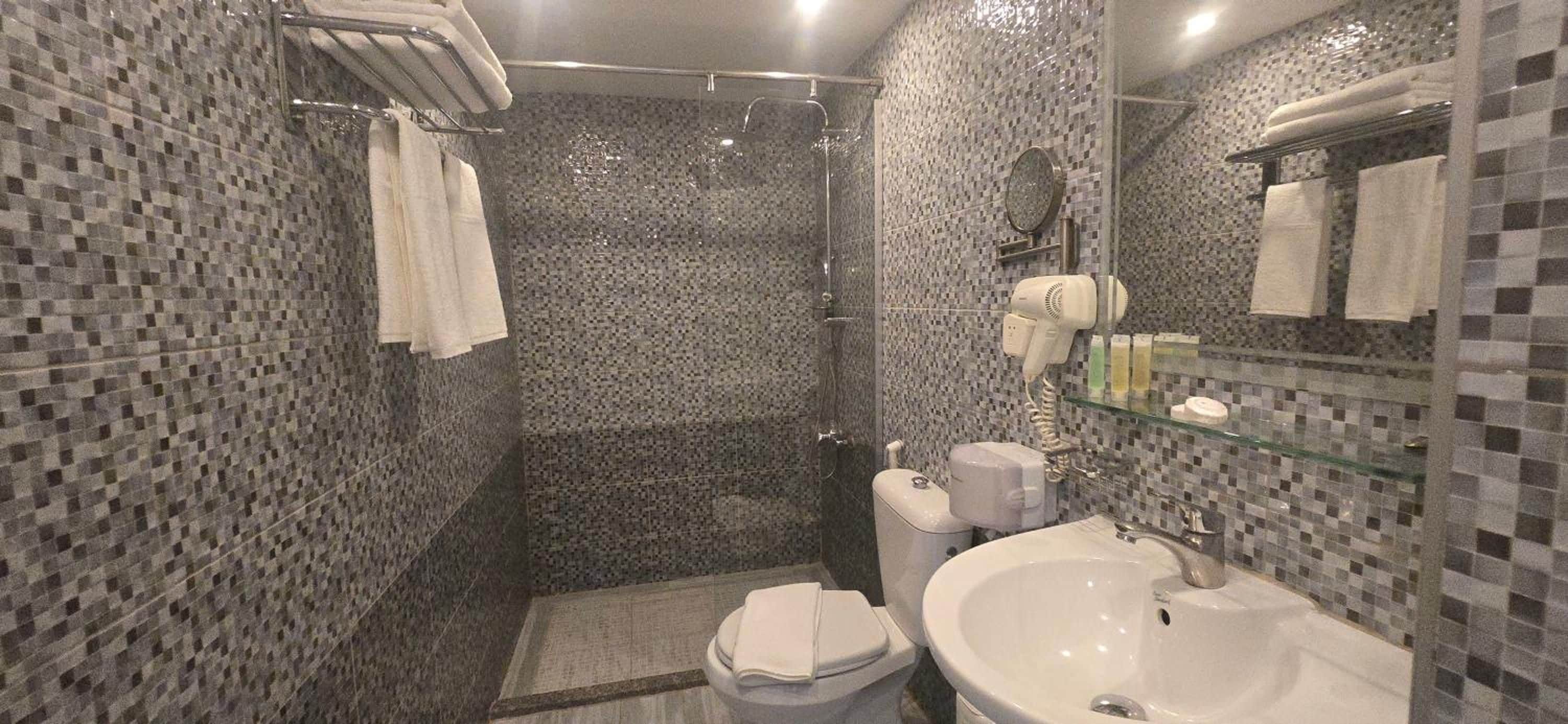 A bathroom with a shower, toilet, sink, and a glass shelf with toiletries.