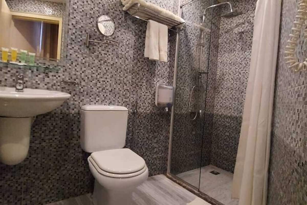 A bathroom with a sink, toilet, and glass-enclosed shower.