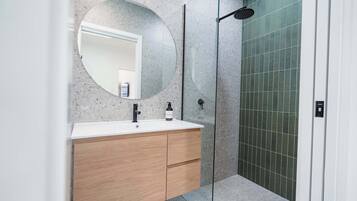 Shower, hair dryer, towels, shampoo