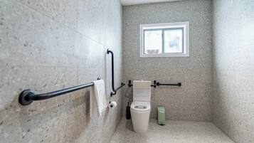 Shower, hair dryer, towels, shampoo