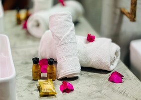 Ducha, secador de pelo, toallas, jabón