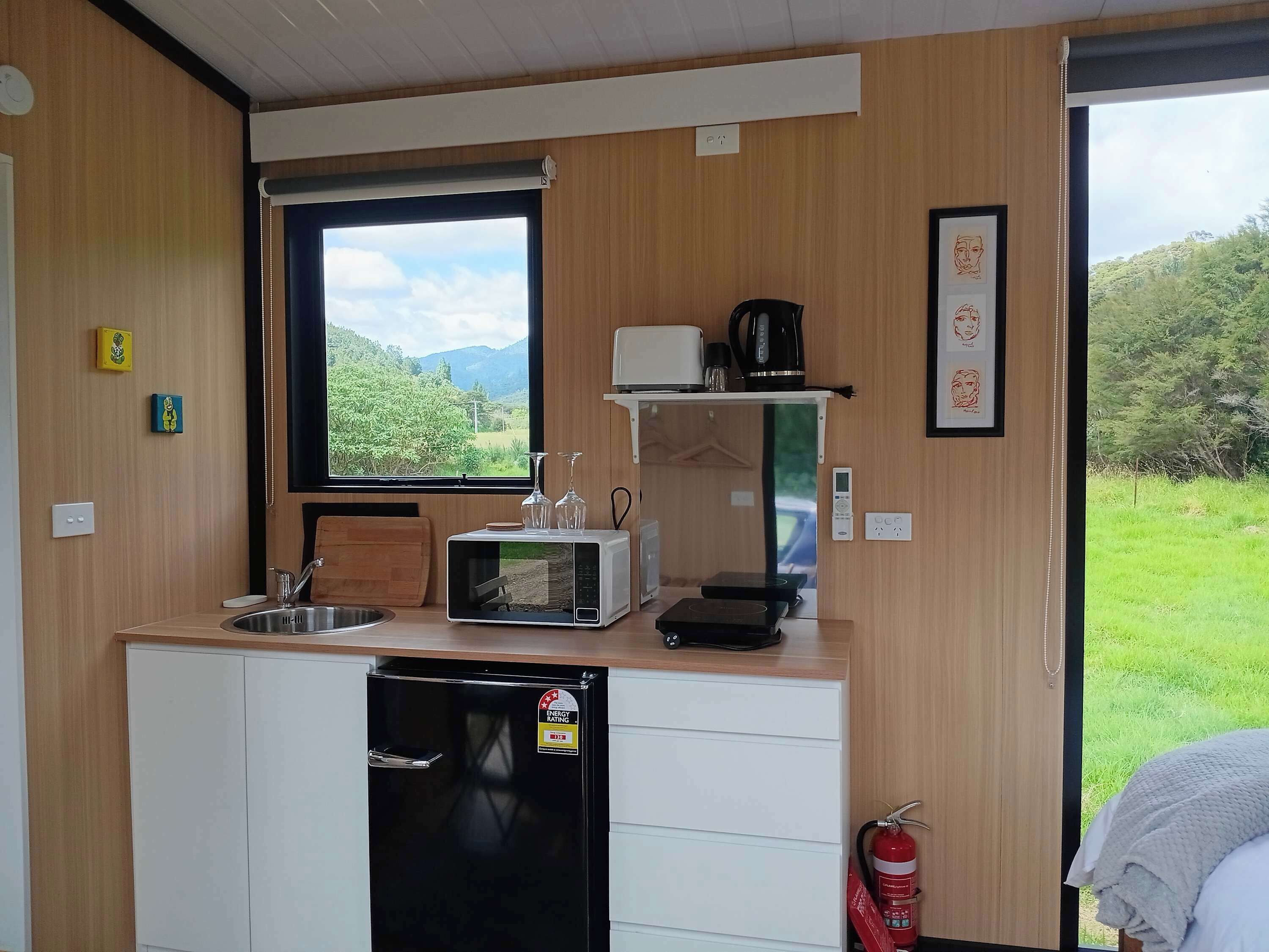 Fridge, microwave, stovetop, coffee/tea maker