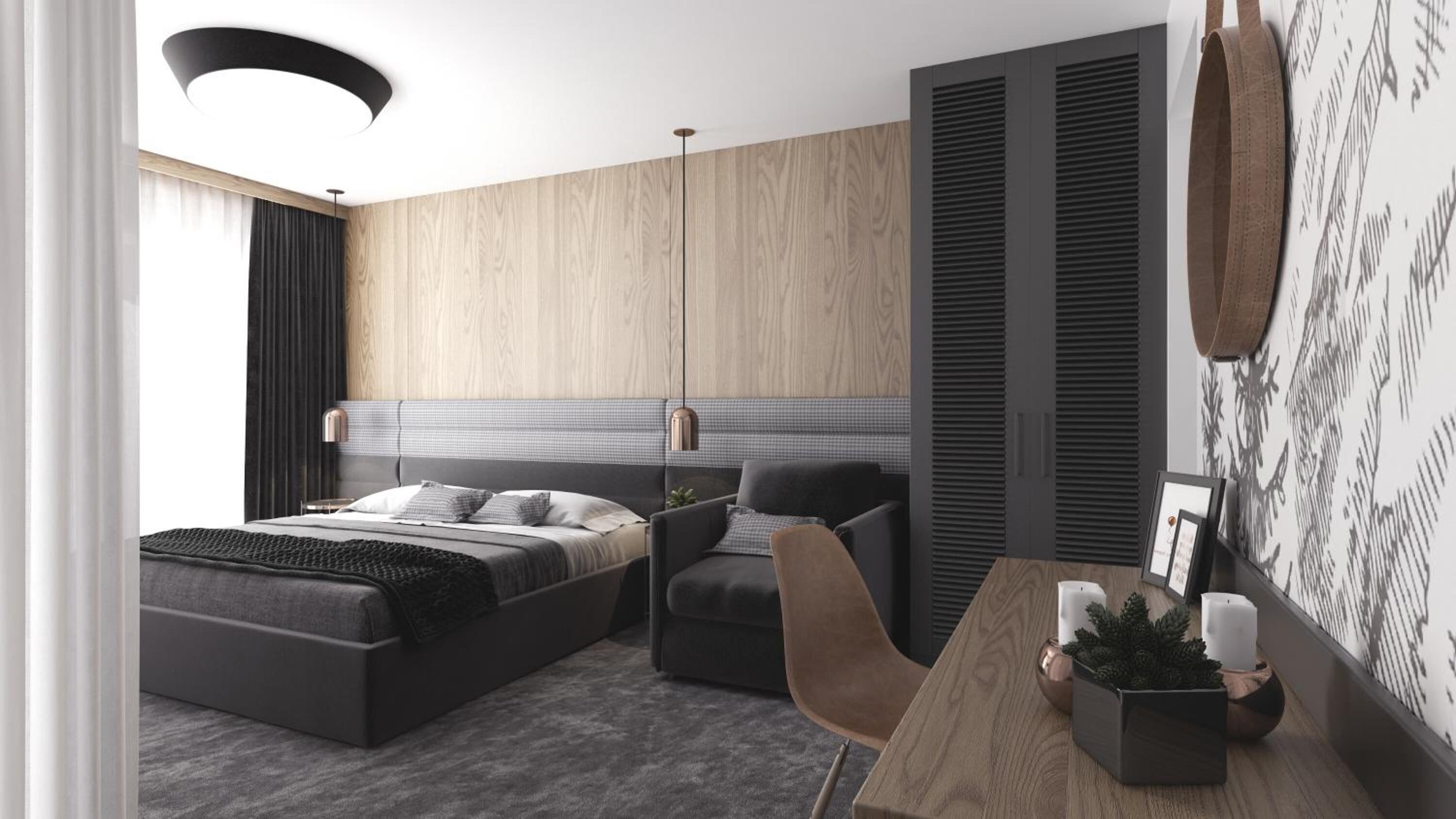 A modern bedroom with a bed, a desk, a chair, and a wardrobe.