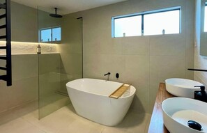 Hair dryer, towels, soap, shampoo