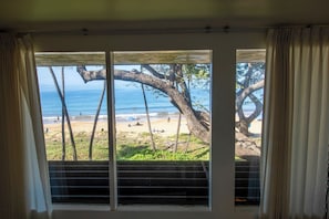 Blick aus einem Fenster auf einen Strand mit Palmen und einem klaren Himmel.