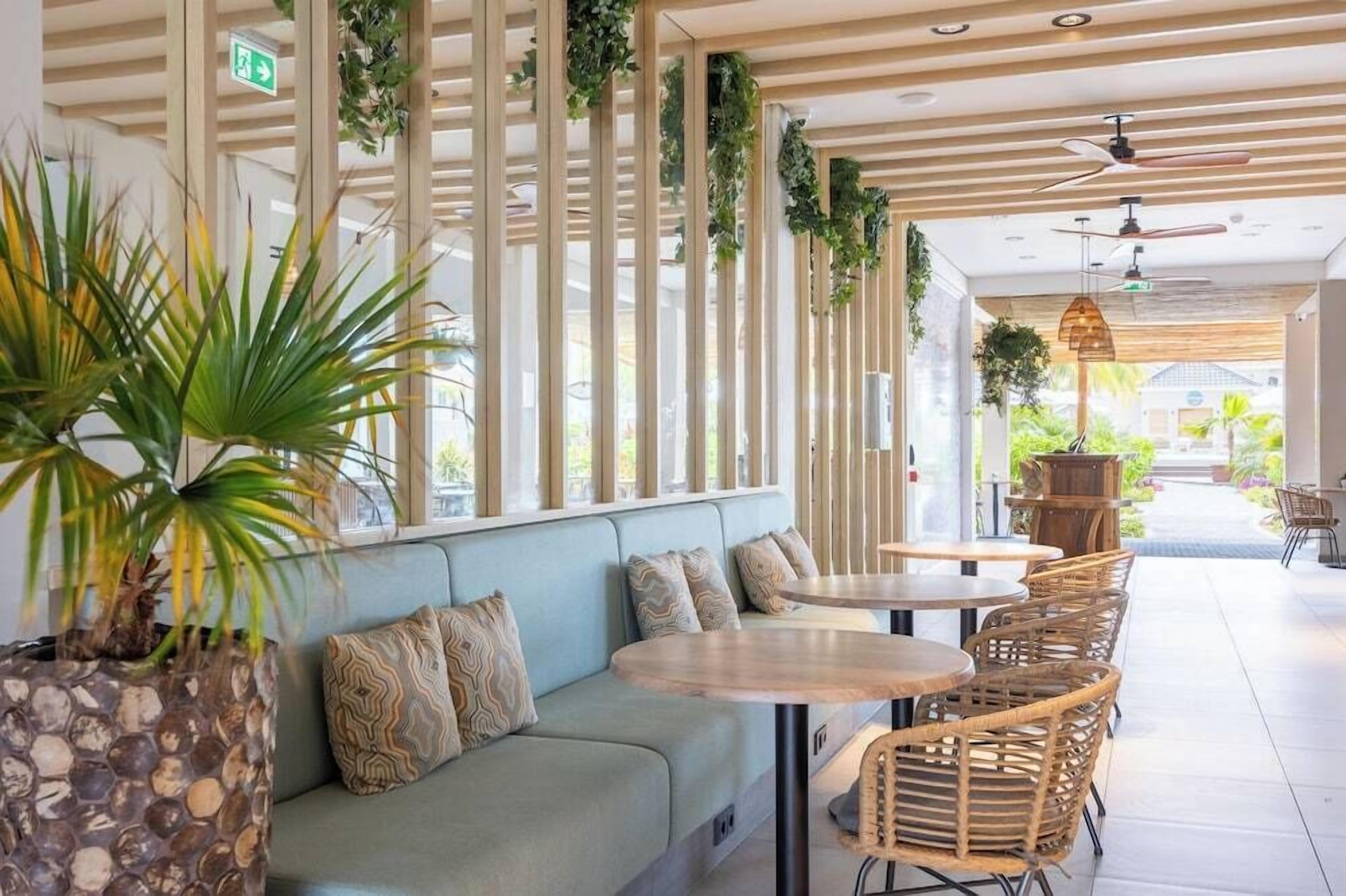 A seating area with a light blue sofa, wooden tables, wicker chairs, and potted plants.