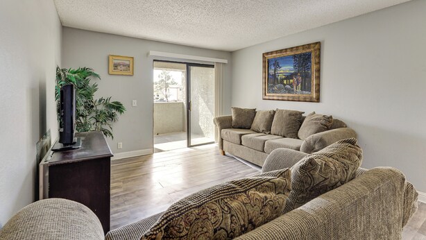 A living room with a sofa, a television on a stand, a painting on the wall, and a door leading to an outdoor area.
