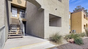 A building with a concrete staircase leading to a door, a small window, and a plant in the foreground.