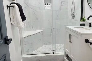 Hair dryer, towels, soap, toilet paper