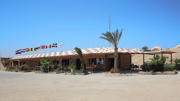A building with a stone facade and a tiled roof, surrounded by palm trees and desert landscape. - Marsa Shagra Village (Marsa Alam)