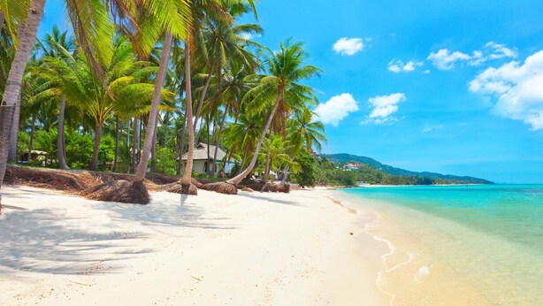 A beach with palm trees, clear turquoise water, and a distant mountain range. - Villa Por de Sol (Koh Samui)