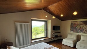 A bedroom with a wooden ceiling, a large bed with white linens, a window with a view of greenery, a radiator, a TV, and two white armchairs.
