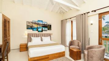 Desk, laptop workspace, blackout drapes, iron/ironing board