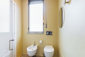 Shower, hair dryer, bidet, towels