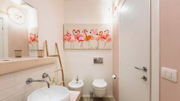 Shower, hair dryer, bidet, towels