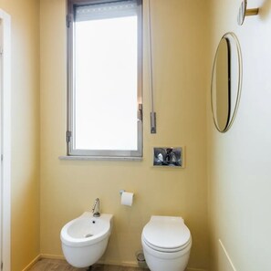 Shower, hair dryer, bidet, towels