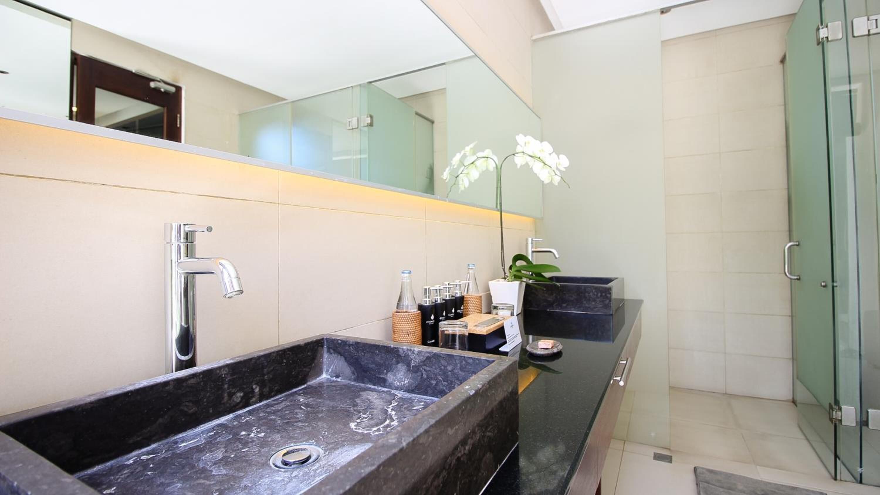 A modern bathroom with a large black sink, a glass shower enclosure, and a mirror above the sink.