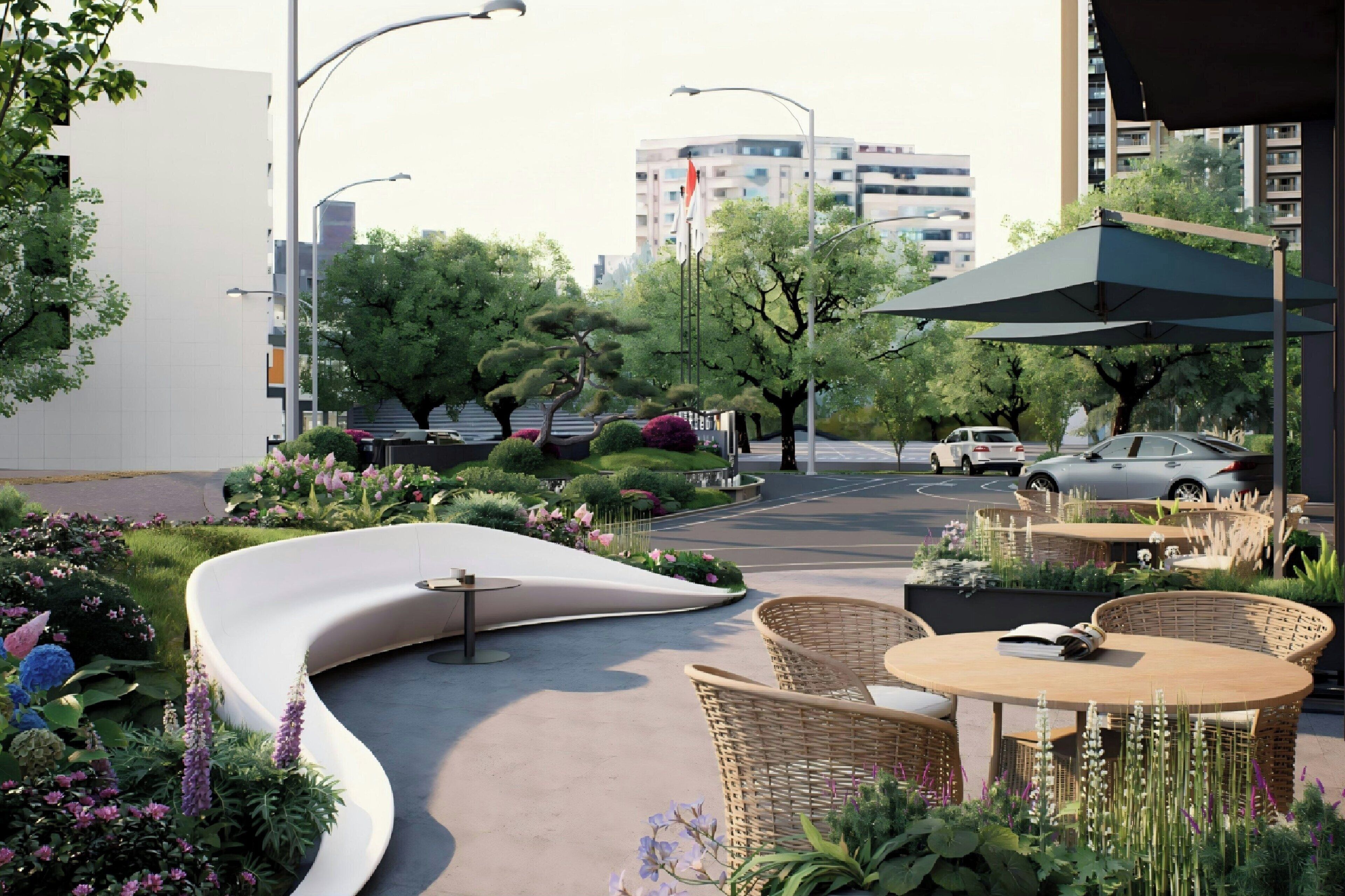 An outdoor seating area with wicker furniture and a curved planter.