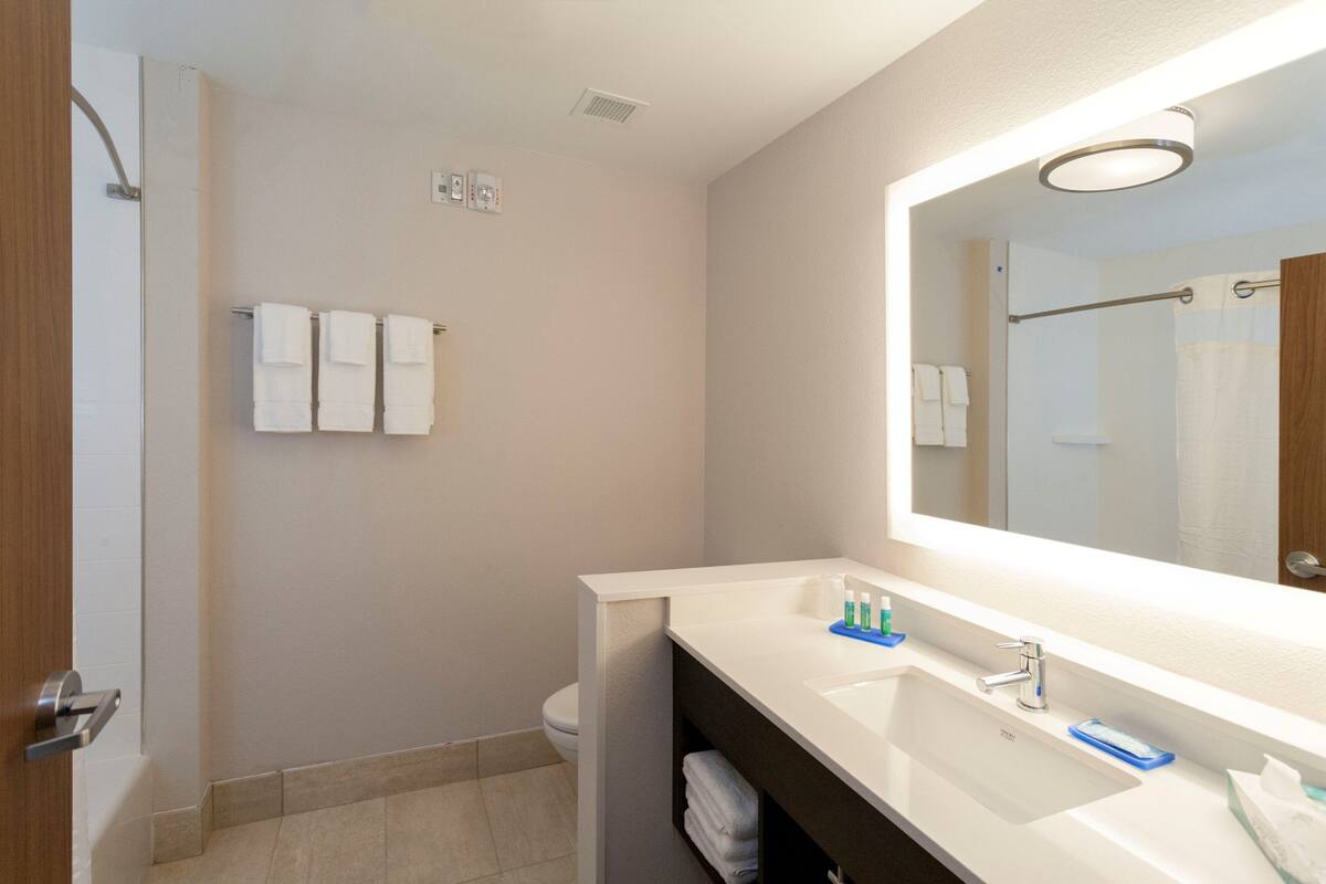 Une salle de bain moderne équipée d’une douche, de toilettes et d’un grand miroir au-dessus du lavabo.