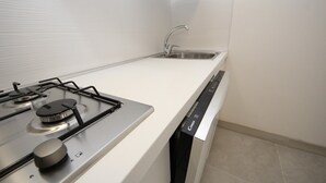 A modern kitchen with a gas stove, a dishwasher, and a stainless steel sink. - Stylish Stay for 4 near Porto Caleri (Rosolina Mare RO)