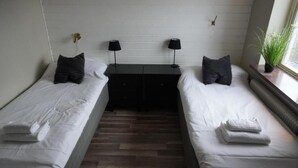 Ett dubbelrum med två separata sängar, ett litet bord, två lampor, en krukväxt och ett fönster.
