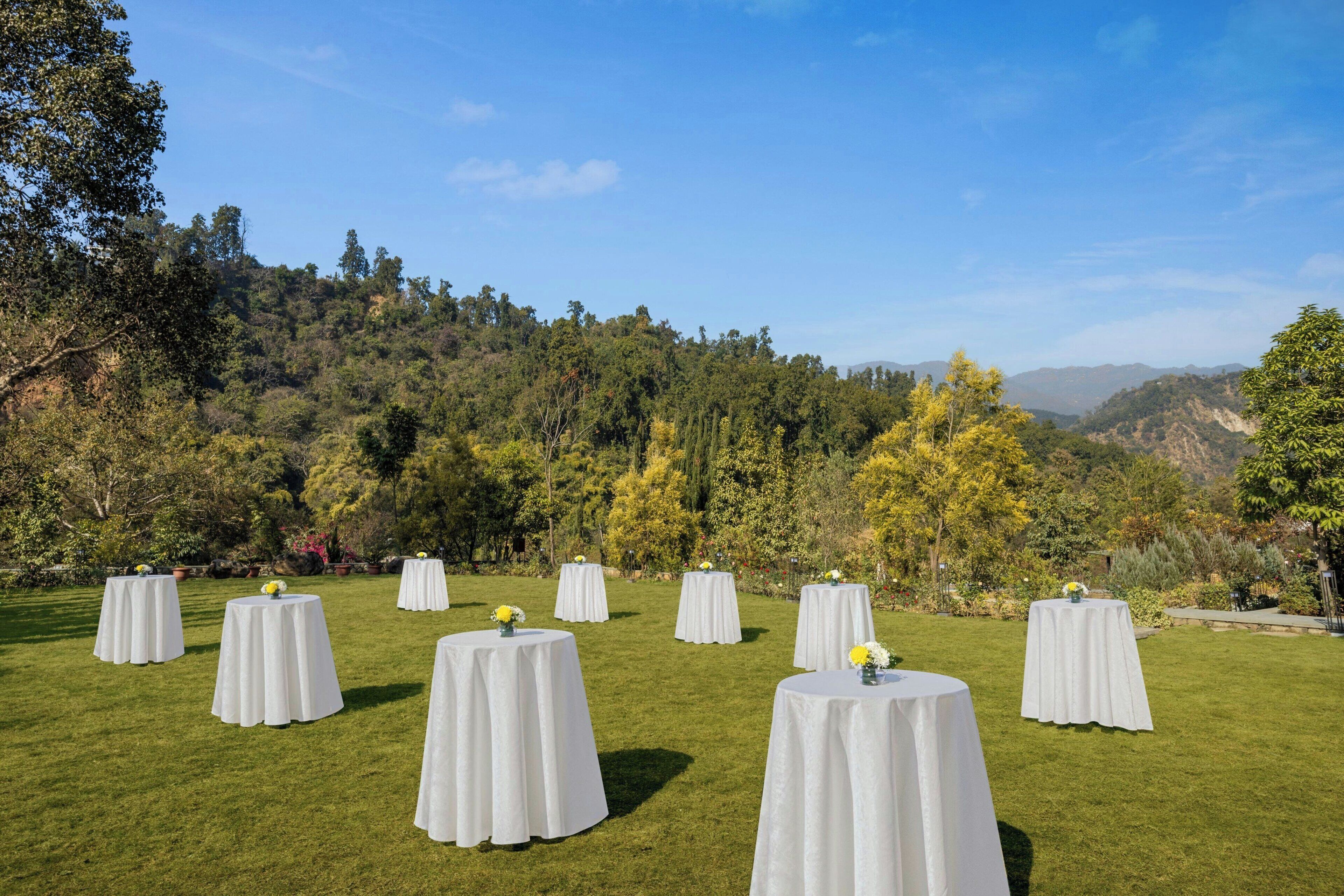 A grassy outdoor area with several round tables covered with white tablecloths, set up for an event.