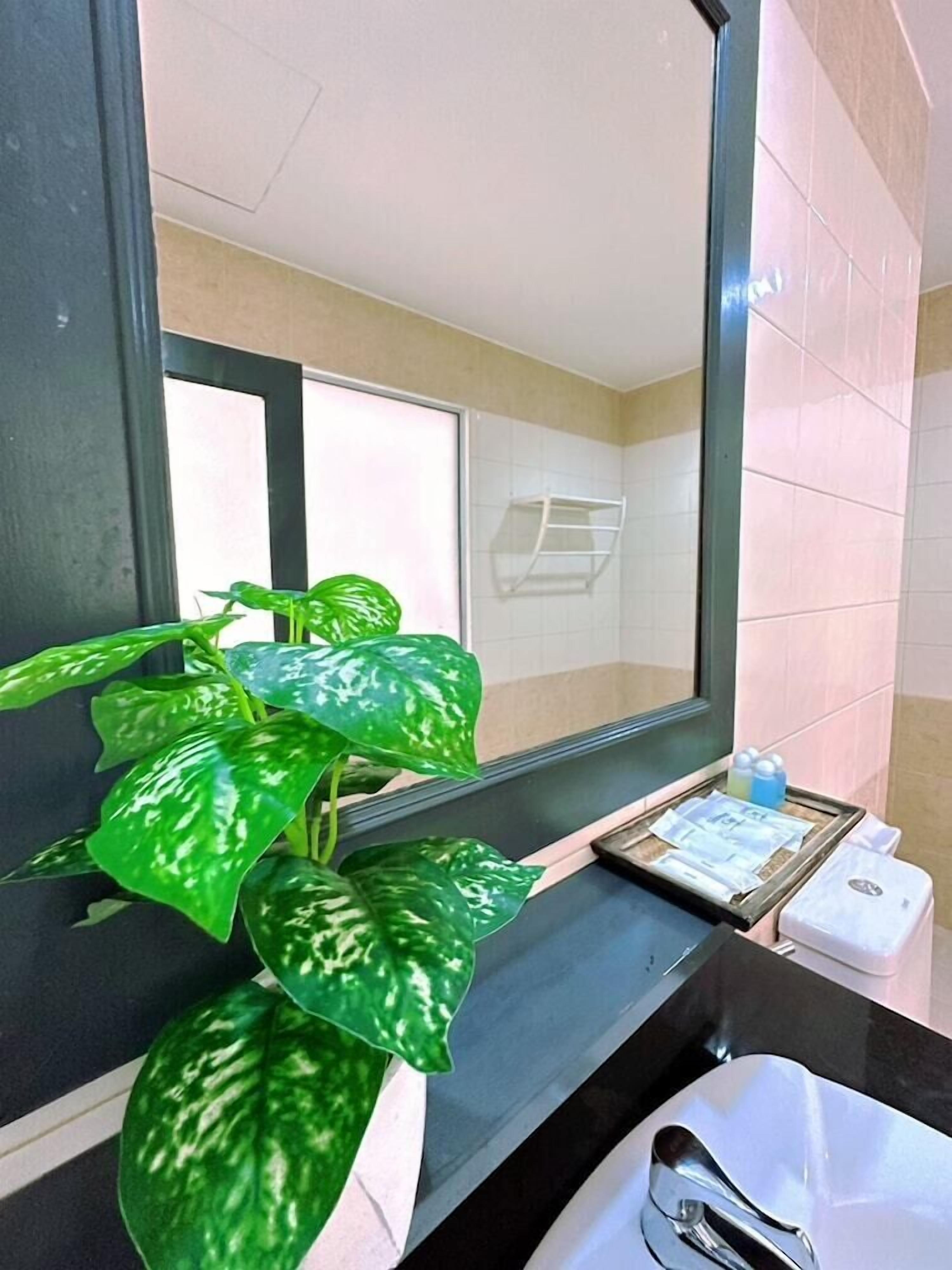 Une salle de bain avec un grand miroir, un lavabo, une plante et un porte-serviettes.