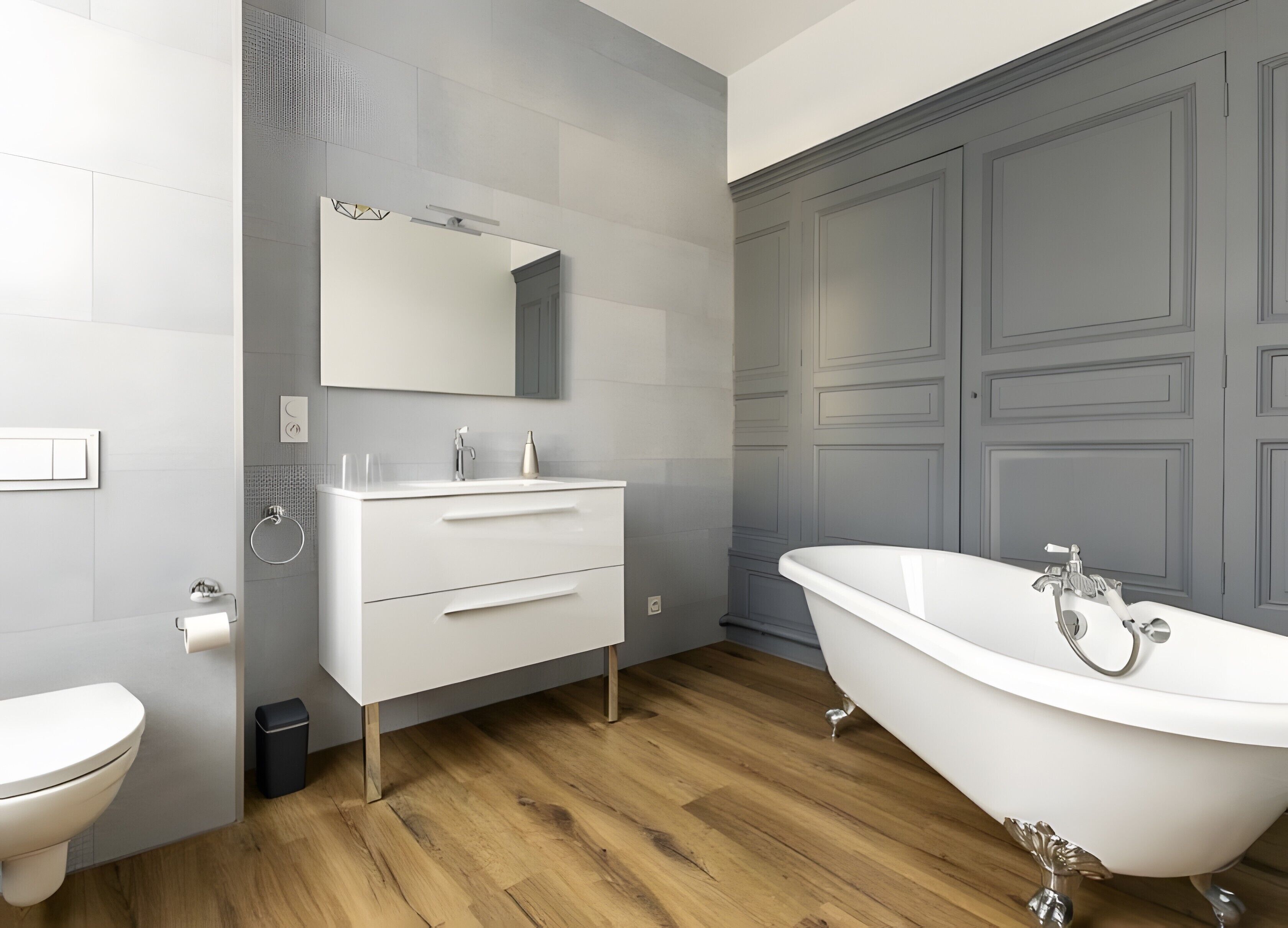 Une salle de bain avec un meuble-lavabo blanc, une baignoire sur pieds et des toilettes.