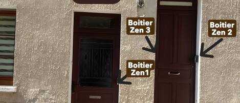 Un edificio con tres puertas identificadas: 'Boitier Zen 1', 'Boitier Zen 2' y 'Boitier Zen 3'.