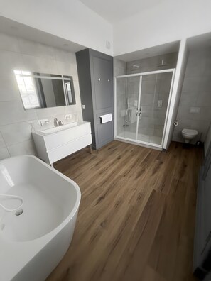 A modern bathroom with a large bathtub, a walk-in shower, and a toilet.