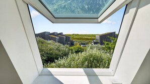 Una finestra a lucernario con vista su edifici e vegetazione.